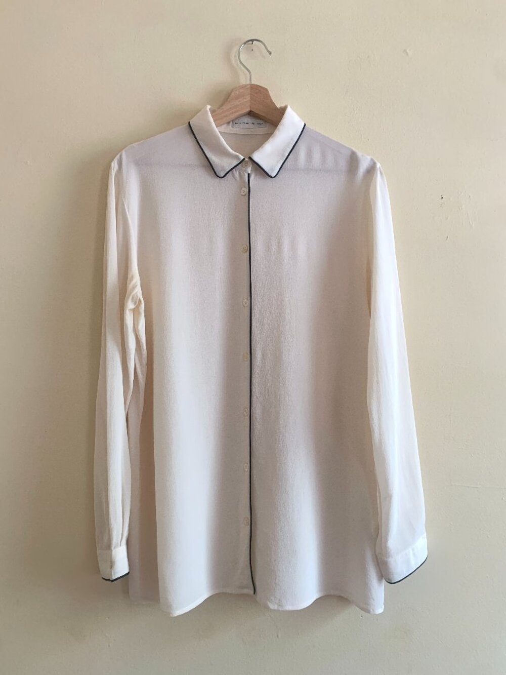 Etro 100% Silk Button Up Shirt Size 48 Contrast Piping Minimalist Neutral Luxury